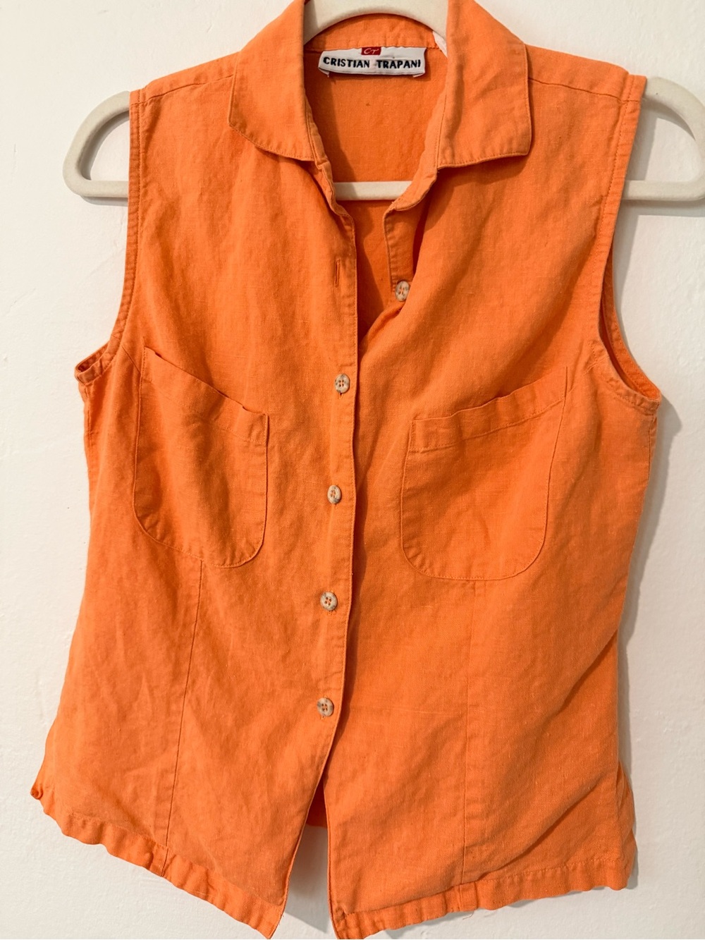 Title: Cristian Trapani Orange Linen Sleeveless Button Front Top Vest